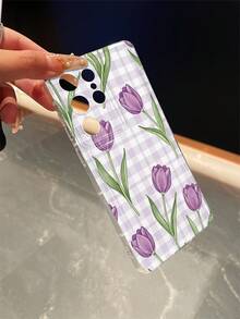 1个格子郁金香图案透明防摔手机保护壳，TPU材质，适合作为节日礼物送给男士和女士，兼容三星手机 - 彩色 - 查看 3