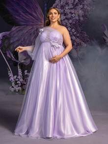 Faeriesty 優雅大尺碼孕婦晚禮服 - 3D花卉裝飾、喇叭袖,適合嬰兒派對、正式晚宴和浪漫晚餐 - 紫羅蘭色 - 查看 8