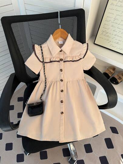 Young Girl Summer Girls' Casual School Style Single-Breasted Leopard Print Cap Sleeve Polo Collar Dress