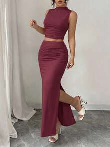 Women Two Piece Outfits Summer Mock Neck Sleeveless Knit Tops Maxi Skirt Set Slim Fit Pencil Skirt Going Out Dress Matching Set For Holiday Vacation Party Evening Club Night Out - 酒紅色 - 查看 4