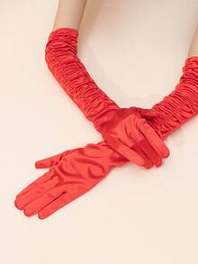 1 Pair Plain Ruffle Long Formal Gloves For Wedding Party - Red-235 - View 5