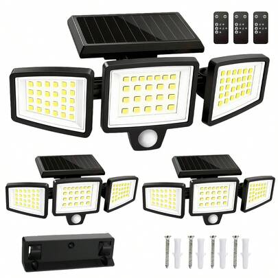 3pack Solar Outdoor Lights, High Lumen, 74 LED Beads, With Remote Control, 3 Lamp Heads, Motion Sensor, IP65 Waterproof, 270° Wide-Angle Floodlight Wall Lamp, 3 Modes