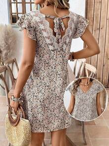 女士波西米亚碎花V领短袖宽松直筒连衣裙，度假优雅夏季款 - 彩色 - 查看 2