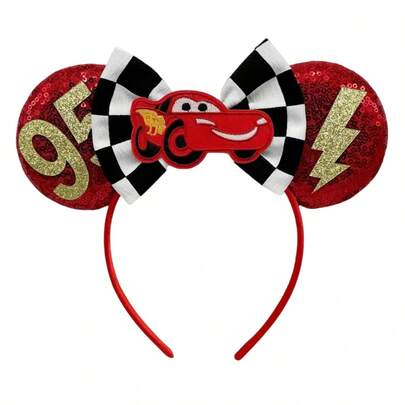  1pc Shiny Cute Plaid Red 95 Cars Disney Cartoon Mickey Mouse Theme Sequin Headband, Student Party Costume Role Play Disneyland Decor Hair Accessory