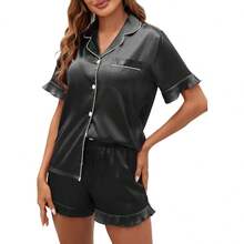 Silk Pajamas, Short Sleeve Button-Down Satin Pajama Set, Ruffle Design - Army Green - View 8
