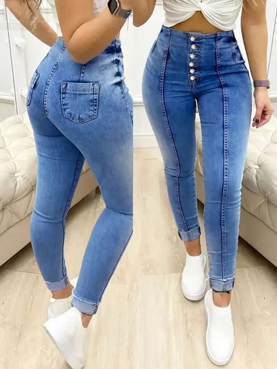 Woman High Waist Light Wash Skinny Jeans – Stretch Fit Butt-Lifting Button-Up Denim Pants - Navy Blue - View 1