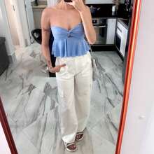 Women's Boho Chic Strapless Embroidered Top ✨ Front Tie With Cutout Detail | Summer Fashion ☀️ Knotted Fabric / Cutouts Beach Vacation Summer - 淺藍色 - 查看 2