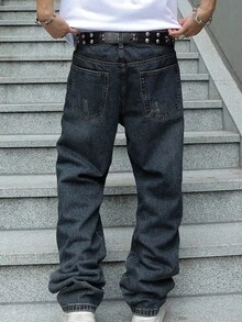 Men's Ripped Jeans Relaxed Fit Straight Leg Distressed Vintage Denim Pants Y2K Hip Hop Skater Streetwear Casual Trousers - 深色水洗藍 - 查看 7