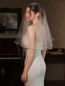 1pc High Transparency Bridal Veil, Metal Tassel White Short Style Without Comb, Face Covering Wedding Dress Accessory - White - View 7
