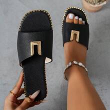 Damskie sandały na co dzień w stylu boho, na lato 2026, płaskie, kwadratowe, czarne, wsuwane, idealne na zewnątrz, na plażę, na święta, na co dzień, niezbędne na Ramadanie - Czarne - Zobacz 15