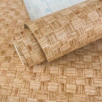 1 Roll Brown Rattan Woven Self-Adhesive Wallpaper, Breathable Grass Mat Removable Wallpaper Suitable For Bedroom, Living Room, Kitchen Cabinet, Furniture Renewal, Easy Installation, 17.7inX39.3/118.1/196.8in