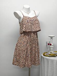 Happy Girl Casual Elegant Woven Fabric Double Layer Design Comfortable Vacation Style Women Dress, Spring/Summer - Brown - View 3