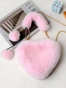 Furry Purse For Girls Heart Shaped Fluffy Handbag For Women Soft Small Shoulder Bag Clutch Purse With Metal Chain Strap, Perfect Best Funny Novelty & Gag Gifts, New Autumn And Winter Women Bag, Best Fall Purse, Perfect Valentine's Day Gift For Her, Best Valentine's Gift Choice Ever Valentines, Heart Purse, Perfectly Match With Valentine Day Dress, Perfectly Matching With Fall Outfits Women, New Arrival Fur Bag For Women - 粉色 - 查看 2