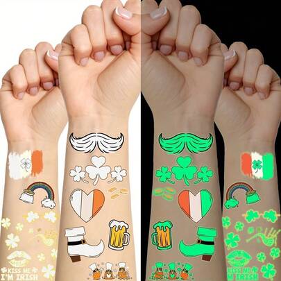 10张圣帕特里克节夜光临时纹身贴纸，三叶草图案，可用于身体、手臂和面部，圣帕特里克节派对装饰