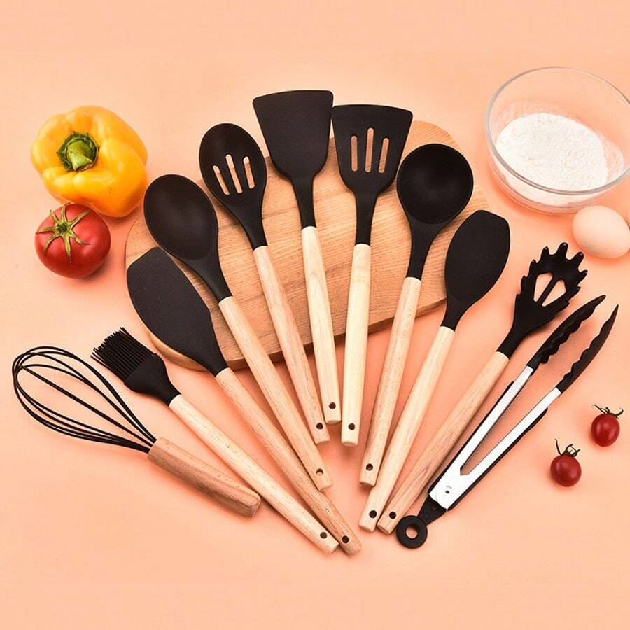 Wooden Handle Non-Stick Silicone Kitchenware, Heat Resistant, Cooking Utensils For Home Kitchen - Multicolor - View 1