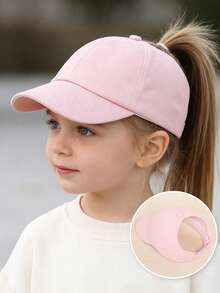 1pc Kids' Solid Color Casual Fashion High Ponytail Sun Protection Baseball Cap - Pink - View 6