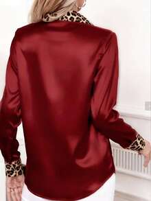 Women's Leopard Print Patchwork Zipper Button Casual Shirt - Red - View 4