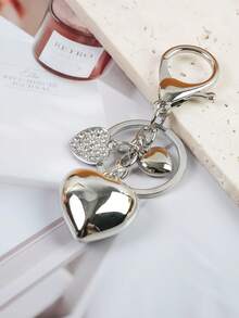 1pc Alloy Heart Shaped Keychain With Rhinestone Decor, Cute Small Heart Accessory, Bag/Car Key Chain, Gift For Boyfriend/Girlfriend, Family, Valentine's Day Gifts For Mother, Father, Graduation, And Teacher - Silver - View 6