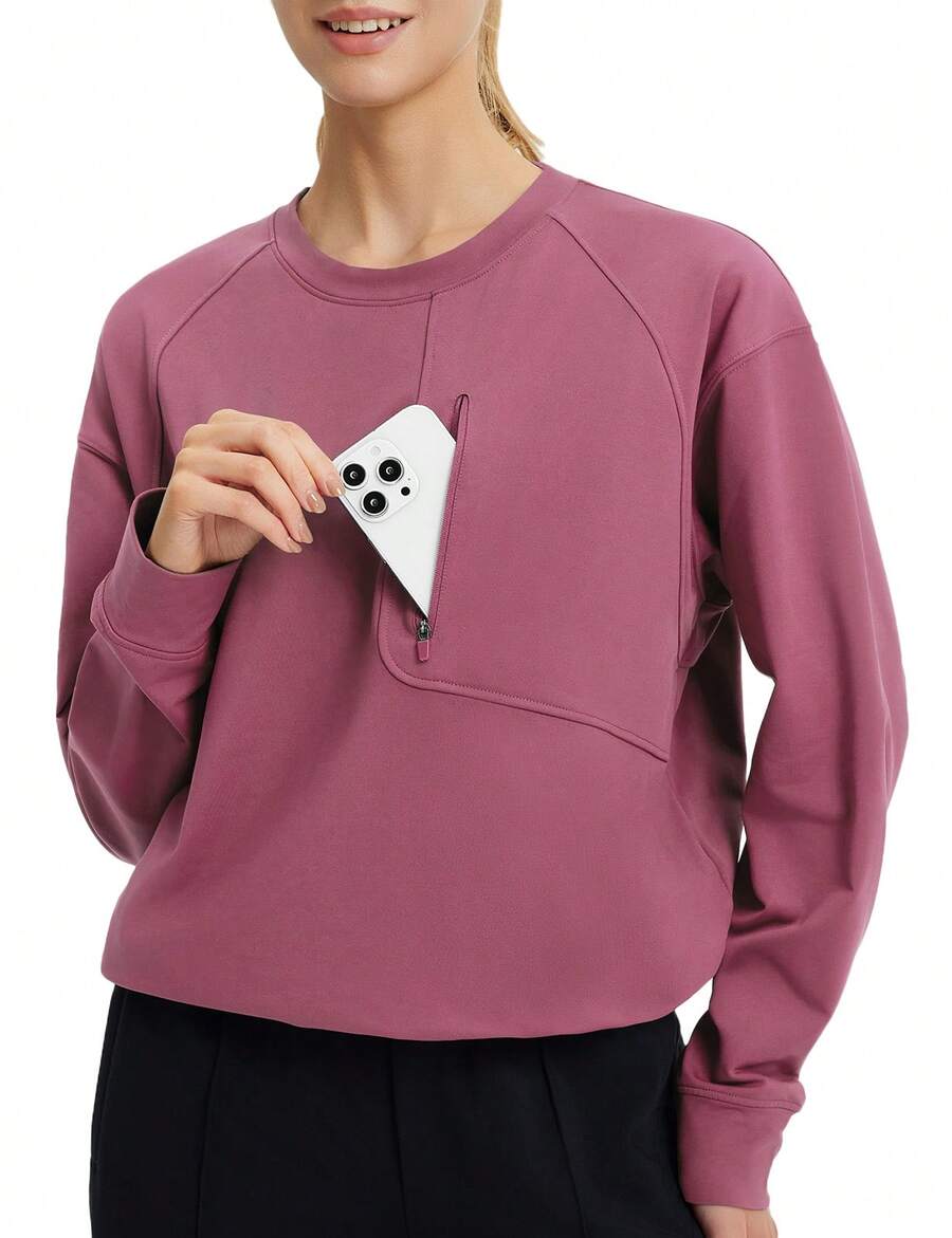 baleaf Women's Fleece Lined Cropped Sweatshirt Thermal Loose Fit Pullover Long Sleeve Running Athletic Top With Pocket - Hoa hồng khô 18-1718TCX - Xem 1