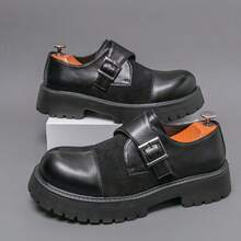 Men Low-Top Boots, Quilted Preppy College Style Buckle Thick Sole Lightweight Comfortable Leather Shoes, Unisex All Season - Black - View 11