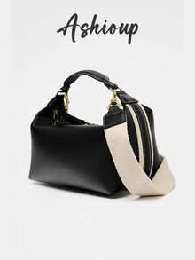 Women's Bowling Ball Shaped Handbag, Fashionable Shoulder Bag With Adjustable Strap, Canvas & PU Leather Small Square Crossbody Bag - Black - View 1