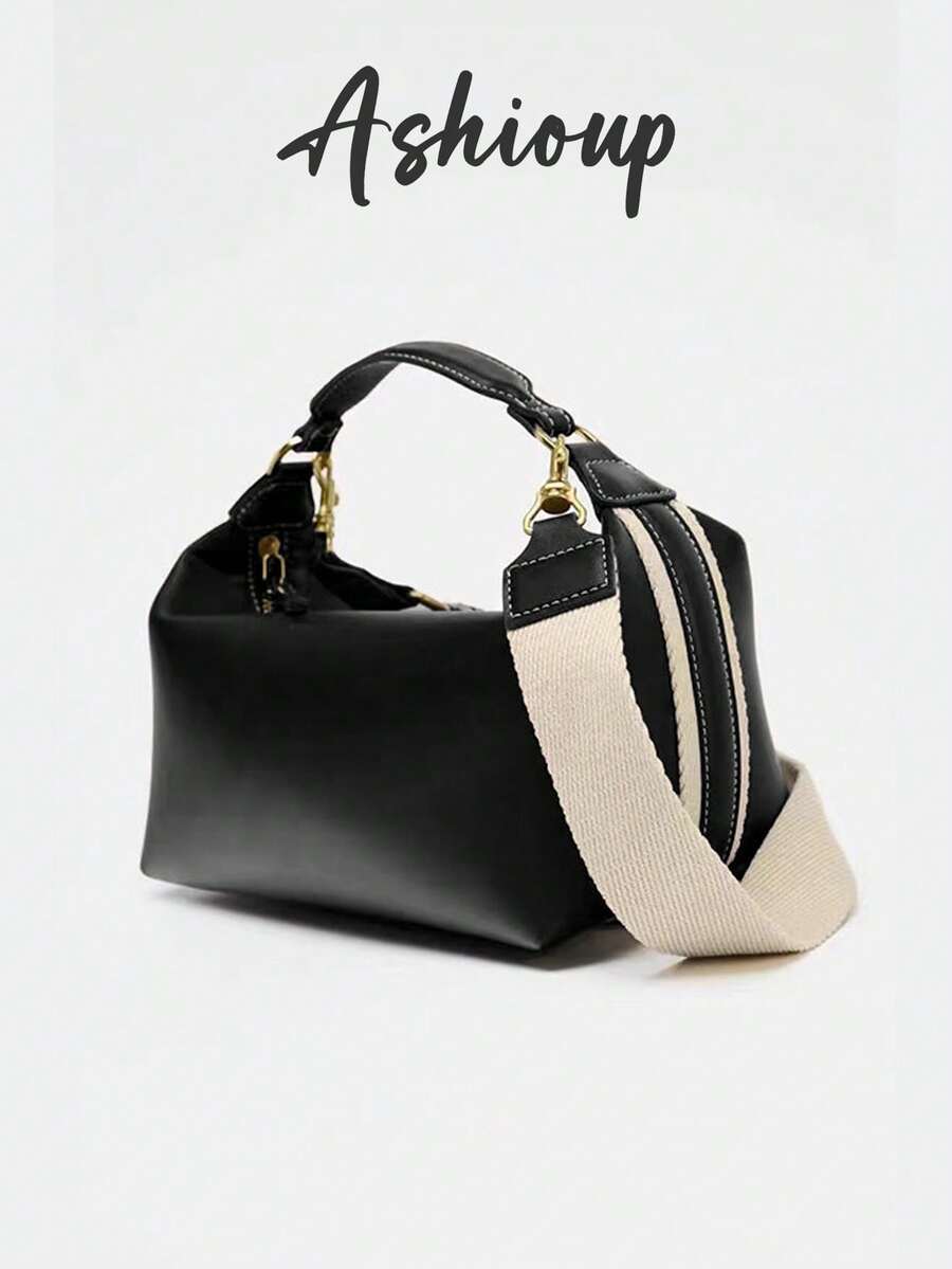 Women's Bowling Ball Shaped Handbag, Fashionable Shoulder Bag With Adjustable Strap, Canvas & PU Leather Small Square Crossbody Bag - Black - View 1
