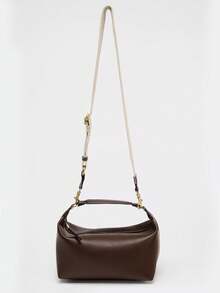 Women's Fashionable Bowling Bag, Adjustable Shoulder Strap, Canvas & PU Leather Small Square Shoulder Bag - Coffee - View 5