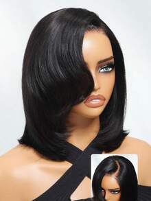 Wig Bye Bye Knots 7x5 Lace Closure Side Part Layered Bob Glueless Wig With Side Swept Bangs With Invisible Drawstring Natural Hairline Pre Cut Pre Pluck Pre Bleached Tangle-Free Transparent Lace 100% Human Hair Beginner Friendly Wear Go Unice Hair - SNatural - View 6