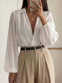 Áo kiểu voan trắng thanh lịch cổ chữ V chéo với cổ áo và tay phồng chun, thích hợp cho các hoạt động thường ngày, mẫu mới Xuân/Hè 2026. - trắng - Xem 4