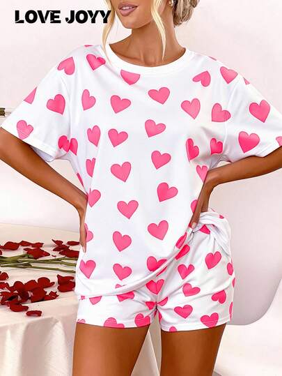 LOVE JOYY Women's Pink Heart Print Two Pieces Pajama Set, A Casual, Loose, And Comfortable Round Neck Short-Sleeved T-Shirt And Shorts Set, Suitable For Valentine's Day, Summer Everyday Wear, And Sleeping At Home