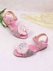 1双复古女童凉鞋，镂空蝴蝶结和水钻装饰，甜美风格，夏季新款防滑橡胶鞋底露趾透气时尚，适合派对、度假，透气露趾沙滩鞋，软底防滑沙滩凉鞋 - 粉色 - 查看 4