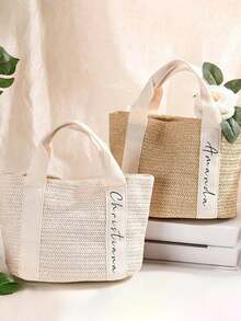 Personalized Retro Woven Tote Bag, Multifunctional Shoulder Woven Bag For Commuting. Waterproof Shopping Bag, Storage Bag And Travel Bag, Made Of Linen Material. Customizable Name Tote Bag Gift, Suitable For Weddings, Birthdays, Beaches And Holidays, Perfect For Bridesmaids, Students And Beach Outings! - Multicolor - View 6