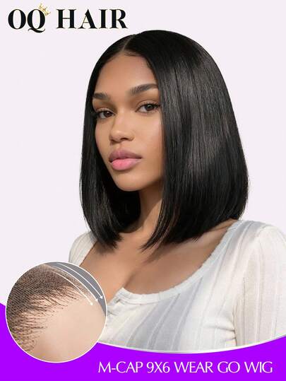 OQ 200% 密度，8-14 英寸 M 型帽，无需胶水即可佩戴，丝滑直发波波头，9x6 透明蕾丝前额假发，预漂白，细小发结，自然色，预拔发际线，情人节礼物，无需胶水，新手友好，耐用持久，轻盈帽型，全天舒适，掉发极少，适合日常佩戴，办公室女性适用。