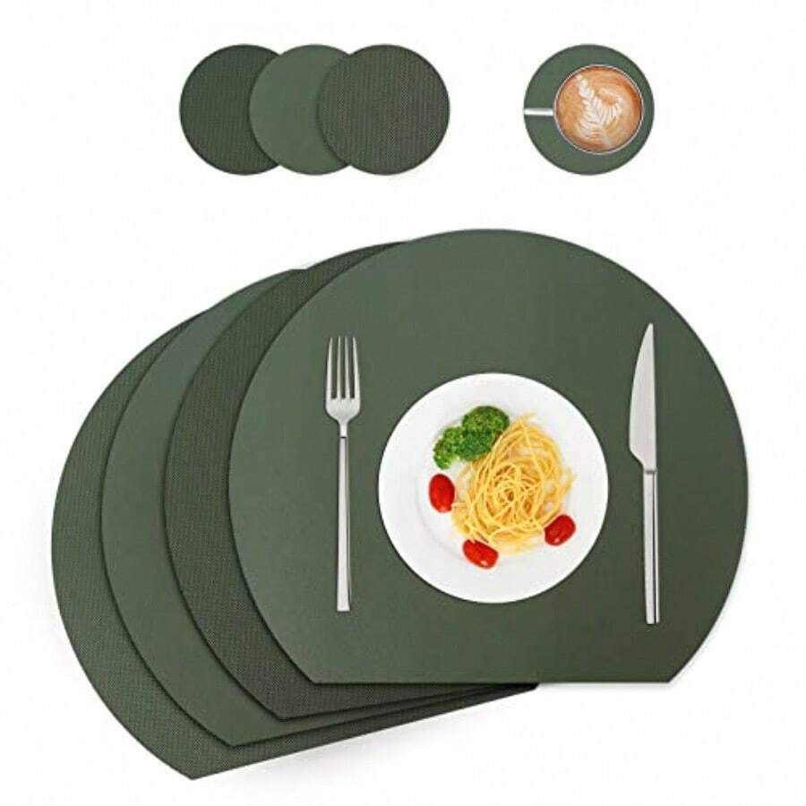 WAKOSAN Leather Placemats And Coasters Washable Round Place Mats For Kitchen Dining Table Set Of 4 Semicircle Green - Green - View 1