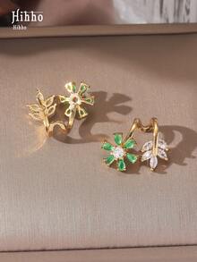 Hihho 2件套时尚闪亮锆石花叶耳钉，优雅礼物，适合女孩约会之夜 - 金黃色 - 查看 4