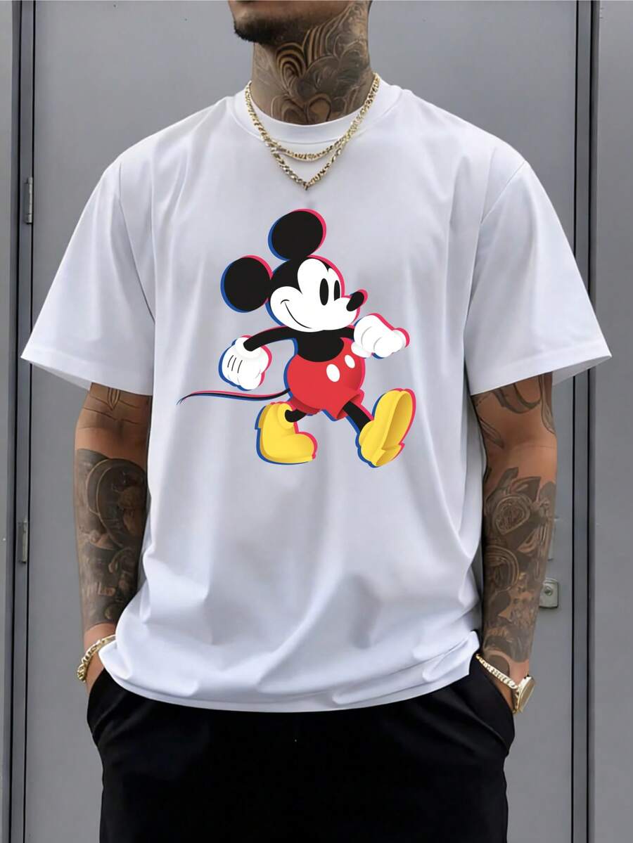 Disney 男士时尚休闲街头风印花短袖T恤。 - 白色 - 查看 1