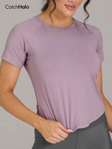 女士紫色网眼露背短袖T恤，透气短款修身运动上衣，适合瑜伽和健身 - 淺灰紫 - 查看 3