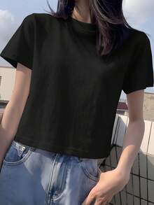 Short Sleeve T-Shirt, Solid Color, New Summer Style, Slim Fit, Versatile, Round Neck Top Casual Black - Black - View 5