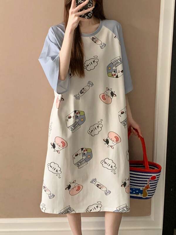 女士夏季奶牛印花蝙蝠袖睡裙，蓝白撞色短袖家居服