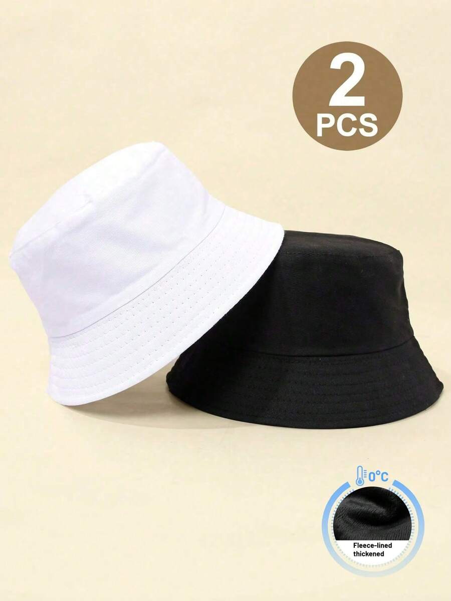 2 chiếc mũ ngư dân dày dặn, ấm áp, màu trơn cho trẻ em, mũ tai bèo chống nắng đa năng, thích hợp cho bé trai và bé gái, mùa thu/đông. - Đen trắng - dày lên - Xem 1