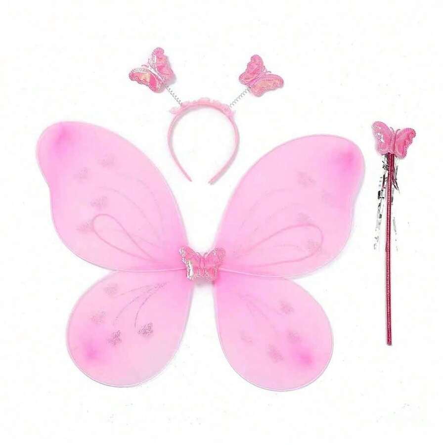 Kit Of 3 Butterfly Wing Fairy Costume With Wand And Tiara - Merah muda terang - View 1