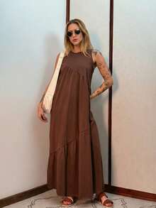 Women's Long Dress, Cotton Knit, Aveloz - 深棕色 - 查看 3