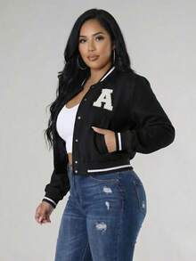 Plus Size Casual Varsity Jacket Long Sleeve Knitted Fabric Baseball Collar For Party - 黑色 - 查看 2