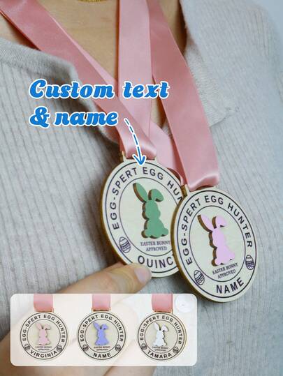 LICVIC Customized Easter Bunny Medal With Ribbon, Personalized Name Egg Hunt Award, Customized Memorial Pendant Gift For Family And Friends, Can Customize Text To Create Holiday Souvenirs, Suitable For Parties, Baskets And Seasonal Gifts