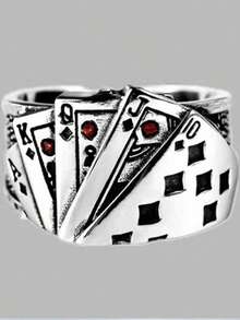 1pc Fashionable Western Style Punk Poker Ring With Adjustable Opening, Suitable For Men In Any Occasion - Antique Silver - View 4