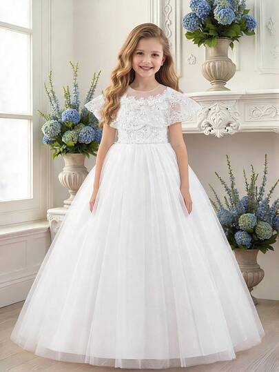 Tween Girls Round Neck Faux Sequins Embroidered Lace Sequin Mesh Elegant Wedding Flower Girl Bridesmaid Dress, Suitable For Birthday Party, Prom, Evening Gala, Does Not Include Headband