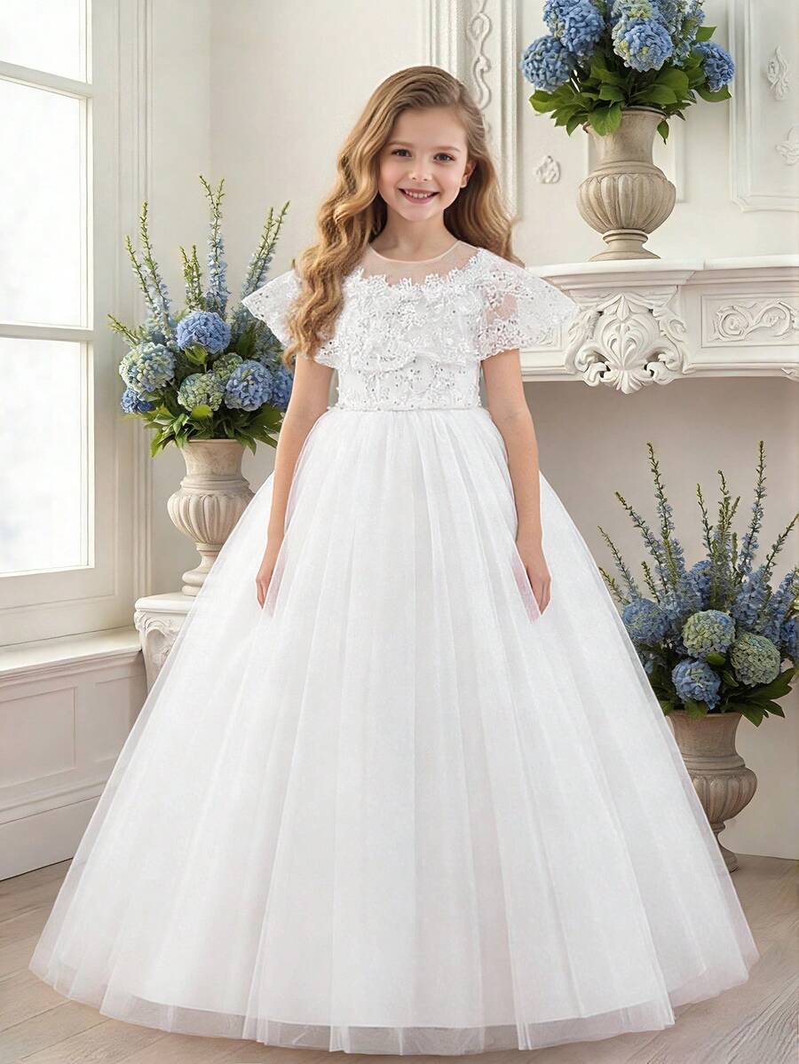 Tween Girls Round Neck Faux Sequins Embroidered Lace Sequin Mesh Elegant Wedding Flower Girl Bridesmaid Dress, Suitable For Birthday Party, Prom, Evening Gala, Does Not Include Headband - White - View 1