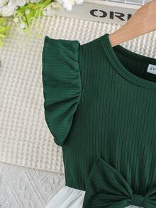 Girls' Summer Ruffle Sleeve Bow Tie Localized Rose Floral Print Casual Dress - Dark Green - View 4