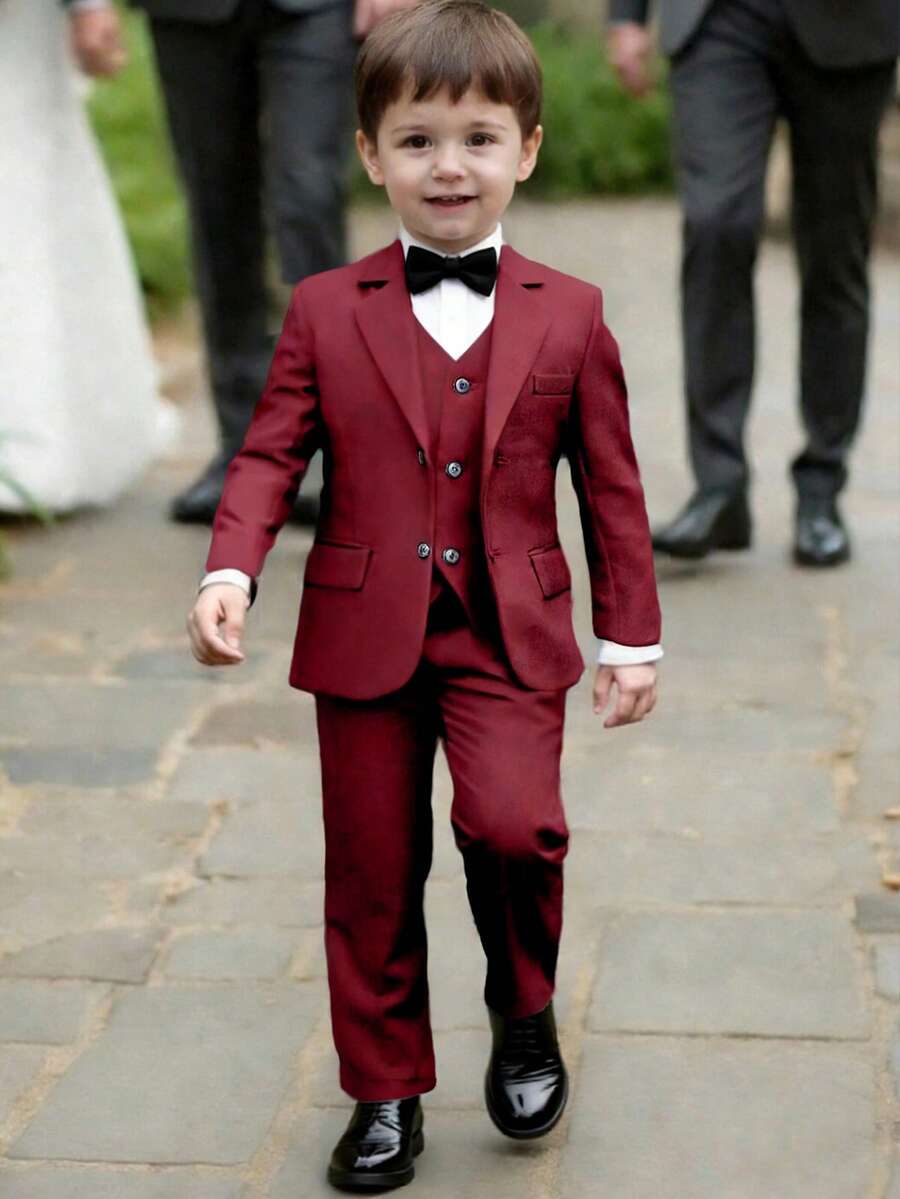 3-10岁男童五件套西装，幼儿燕尾服正式套装，包含花童制服外套、马甲、裤子、衬衫、领带，适合生日派对、婚礼、周年纪念日等场合，酒红色 - 酒紅色 - 查看 1