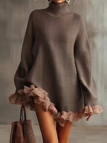 Autumn New Knitted High Neck Ruffle Edge Spliced Long Sleeved Gray Sweater, Graduation Gift, Must-Have For Returning To School, Casual Commuting Style, Street Style  Casual    Rib-Knit  Contrast Faux Fur    Vacation  Beach - 棕色 - 查看 7